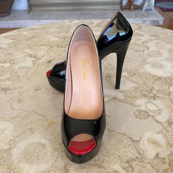 Petit Cadeaux Platform Peep Toe 5” Stiletto Heels Black Patent & Red - As New - Picture 6 of 16